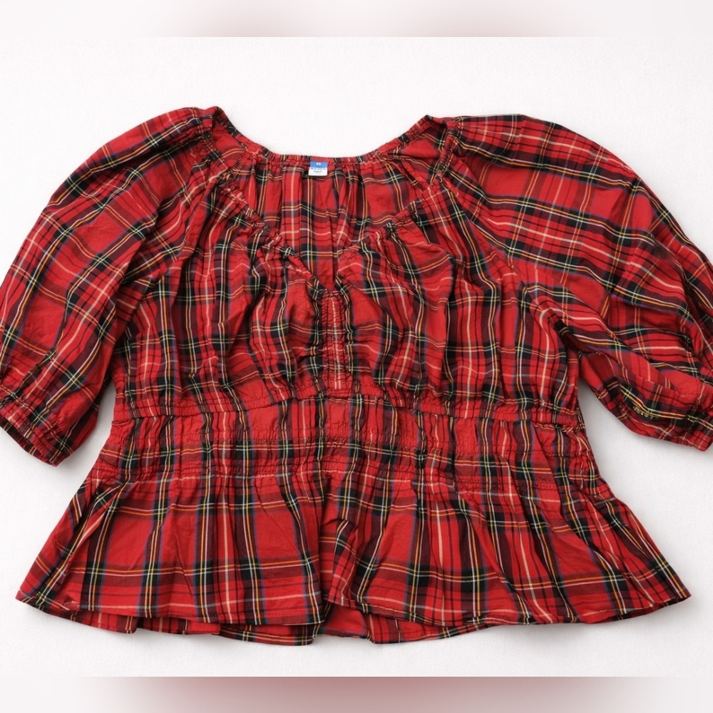 100% Cotton Plus Size 2X Red Plaid Peasant Top Babydoll Cottagecore Boho